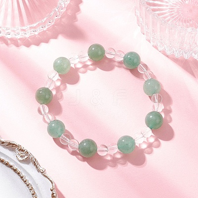 Natural Green Aventurine & Synthetic Quartz Crystal Round Beaded Stretch Bracelets BJEW-JB12246-03-1