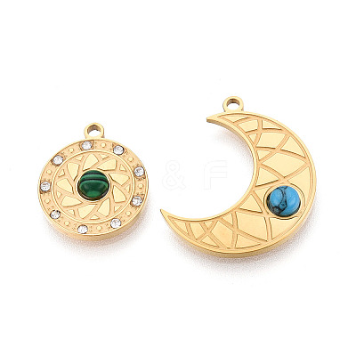 304 Stainless Steel Rhinestone & Synthesis Turquoise Pendants STAS-T074-14G-1