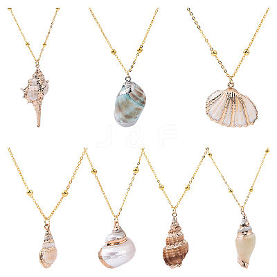 7Pcs 7 Styles Electroplated Natural Shell Pendant Brass Satellite Chain Necklaces NJEW-YW00003-1