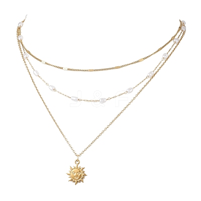 304 Stainless Steel Pendant 316 Surgical Stainless Steel & Plastic Pearl Paperclip Chain 3 Layer Necklaces for Women NJEW-JN05471-01-1