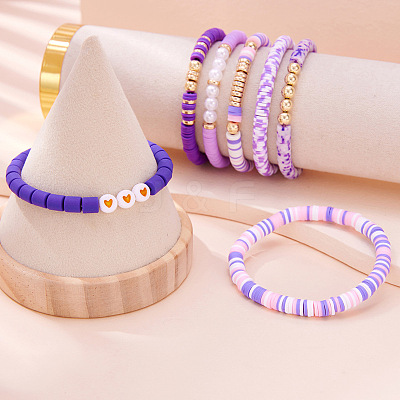 7Pcs Heart Pattern Polymer Clay & Plastic Pearl & CCB Plastic Beaded Stretch Bracelet Set for Women FS-WG634BB-01-1