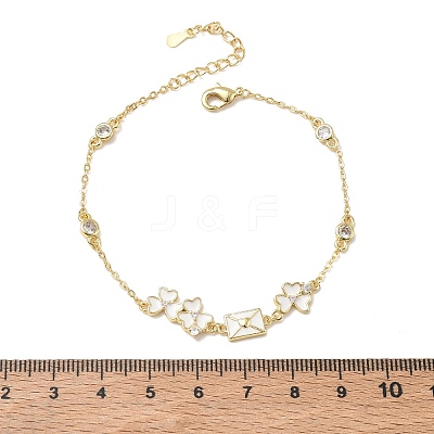 Brass Pave Clear Cubic Zirconia Clover Envelope Link Bracelets KK-CBA6980-18G-1