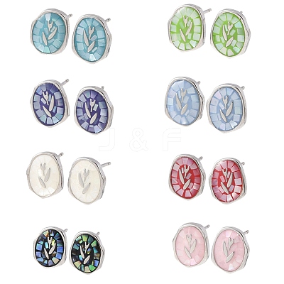 Brass Enamel Oval Stud Earrings EJEW-I322-04P-1