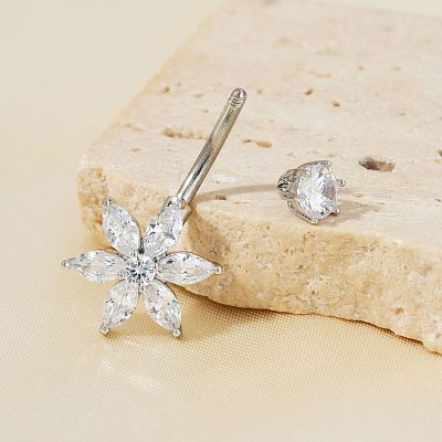 Brass Clear Cubic Zirconia Shiny Flower Curved Barbell Belly Button Rings for Daily Wear HB2528-2-1