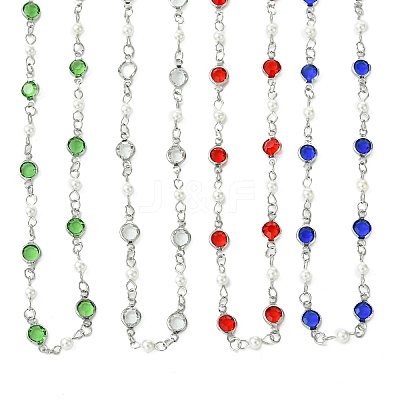 304 Stainless Steel Glass Flat Round Link Chain Necklaces with Shell Pearl for Women NJEW-JN06160-1