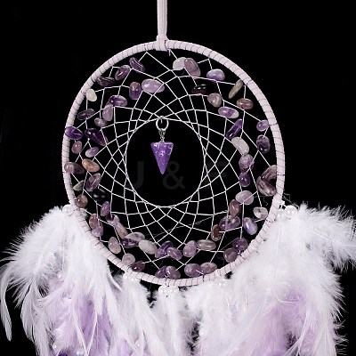 Iron Wire Woven Web/Net with Feather Pendant Decorations AJEW-B017-33-1