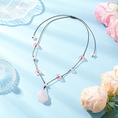 Raw Rough Natural Stone Nuggets Pendant with Handmade Lampwork Flower Adjustable Waxed Polyester Cord Necklaces for Women NJEW-TA00210-02-1