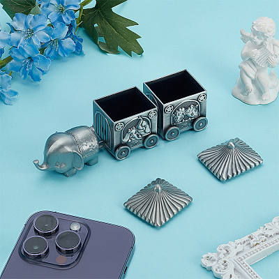 Tibetan Style Zinc Alloy Elephant Train Engraved My First Curl/Tooth Boxes CON-WH0089-108AS-1