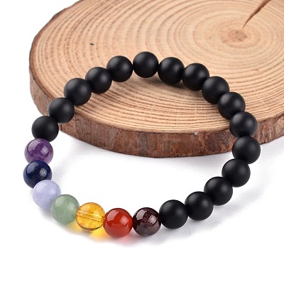 Chakra Natural Dyed & Heated Black Agate Beaded Stretch Bracelets BJEW-JB02225-02-1