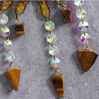 Copper Wire Wrapped Spiral Sun Natural Tiger Eye Beads Suncatchers HJEW-F027-07-1