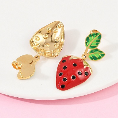 304 Stainless Steel Enamel Strawberry Dangle Stud Earrings EJEW-A138-10G-01-1