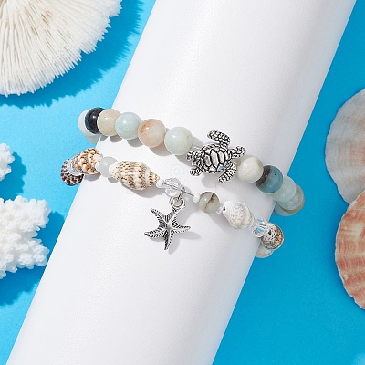 2Pcs 2 Style Natural Amazonite & Glass & Shell Stretch Bracelets with Tortoise BJEW-JB10091-01-1