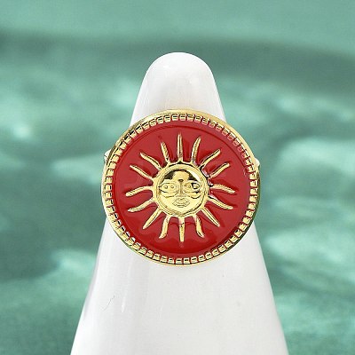 Flat Round with Sun Pattern 304 Stainless Steel Enamel Finger Rings for Women RJEW-G355-05G-02-1