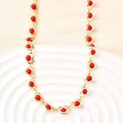 Brass & Red Faceted Glass Heart Link Chain Necklaces for Women NJEW-D314-05G-1