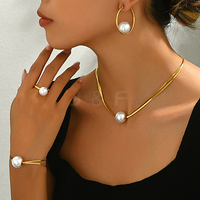 201 Stainless Steel Snake Bone Chain Bracelets & Earrings & Necklaces & Rings Sets RR0582-1