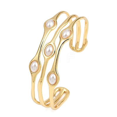 22MM Brass & ABS Plastic Pearl 3 Line Cuff Bangles for Women BJEW-L707-01G-1