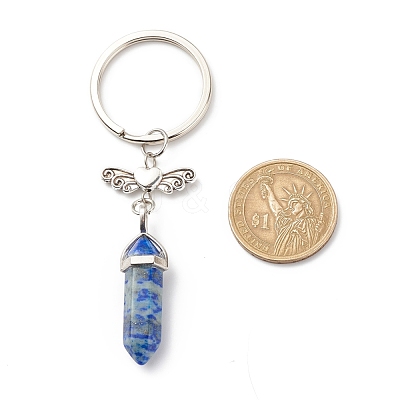 Bullet Natural Mixed Gemstone and Alloy Heart with Wing Keychains KEYC-JKC00361-1
