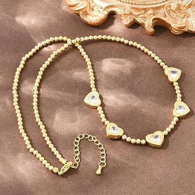 Brass Pave Clear Cubic Zirconia Heart Round Beaded Bib Necklaces for Women NJEW-F364-05G-1