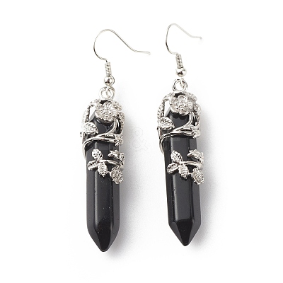 Natural Obsidian Bullet with Flower Dangle Earrings EJEW-G300-02P-06-1