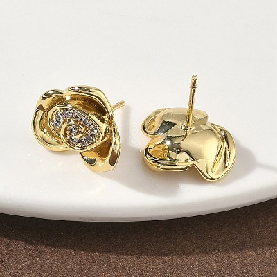 Rose Flower Brass Micro Pave Cubic Zirconia Stud Earrings EJEW-G452-08G-02-1