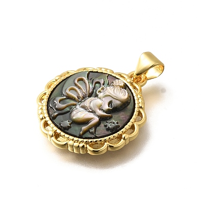 Brass with Natural Shell Carved Pendants KK-Z091-07G-01-1