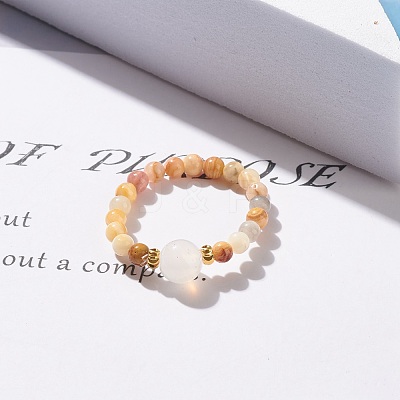 Natural Mixed Stone Round Beaded Stretch Ring with Moonstone RJEW-JR00440-1