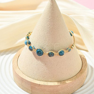 Herringbone Wire-Wrapped Natural Apatite Brass Cuff Bangles BJEW-JB14039-01-1