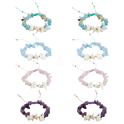 8Pcs 4 Styles Natural Gemstone Chip Braided Bead Bracelets BJEW-MA00001-1