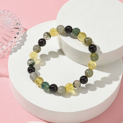 Natural Labradorite & Citrine & Black Onyx(Dyed & Heated) & Moss Agate Round Beaded Stretch Bracelets BJEW-JB10910-06-1