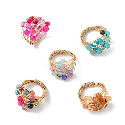 5Pcs Copper Wire Wrapped Dyed & Heated Natural Agate Round Bead Finger Rings RJEW-JR01034-1