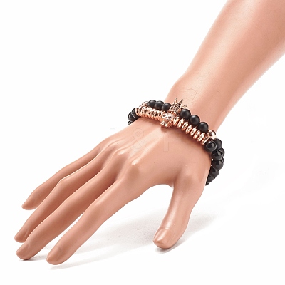 2Pcs 2 Style Synthetic Hematite & Black Stone & Natural Obsidian Stretch Bracelets Set with Cubic Zirconia Skull BJEW-JB08120-04-1
