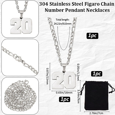 1Pc 304 Stainless Steel Figaro Chain Number Pendant Necklaces NJEW-BBC0001-28A-P-1