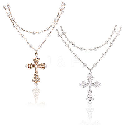 2Pcs 2 Colors Alloy and Imitation Pearl Cross Big Pendant Double-Layer Link Chain Necklaces for Women NJEW-AR0001-09-1