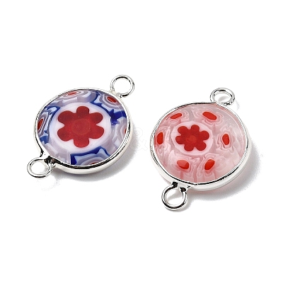 Handmade Millefiori Lampwork Flat Round Connector Charms LAMP-D002-02A-S-1