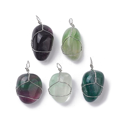 Natural Fluorite Copper Wire Wrapped Pendants G-C110-06E-P-1