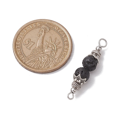 Natural Lava Rock Round Beaded Connector Charms PALLOY-JF02715-1