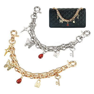 2Pcs 2 Styles Alloy & Glass Butterfly Star Key Charm Aluminum Chain Bag Decorative Chains HJEW-TAC0134-1