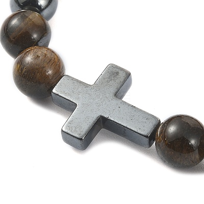 Natural Tiger Eye & Synthetic Hematite Corss Beaded Stretch Bracelets BJEW-JB09845-03-1
