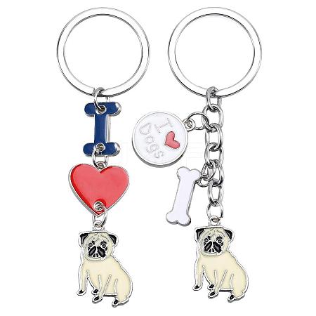 WEWAYSMILE 2 pcs Dog Keychain Car Keychain Pet Pendant Key-Ring Lovely Dog Key-ring Portable Metal Keychain Gift for Pet Lover Birthday Puppy Theme Party Supplies (Pug) JX790A-1