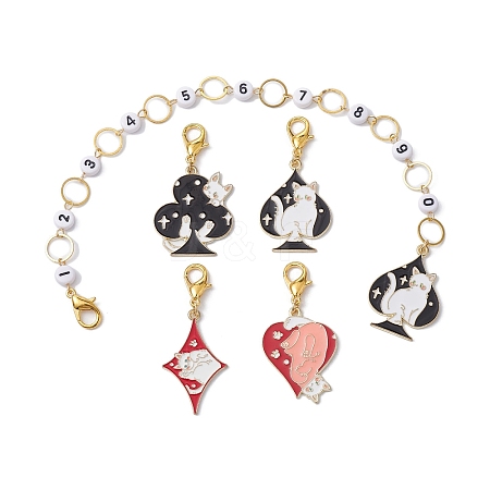 5Pcs Cat & Playing Card Alloy Enamel Knitting Row Counter Chains & Locking Stitch Markers Kits HJEW-JM01339-1