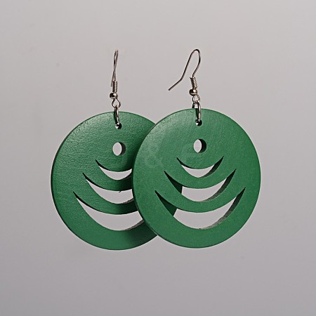 Flat Round Hollow Wood Dangle Earrings EJEW-F0090-03A-1