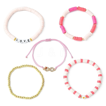 5Pcs 5 Style Polymer Clay Heishi & Word Love Beaded Stretch Bracelets Set BJEW-TA00297-1