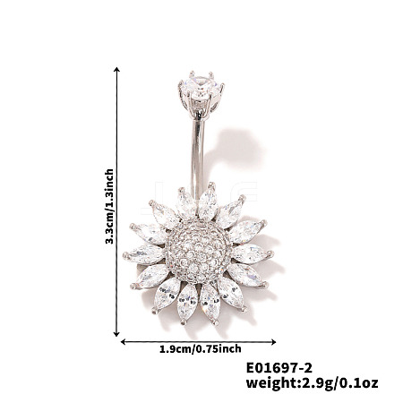 Chic Flower Brass Full Crystal Rhinestone Curved Barbell Belly Button Rings with Shiny Delicate Design YW9589-2-1