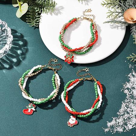 3Pcs Christmas Alloy Enamel Charm Bracelets BJEW-JB12482-1