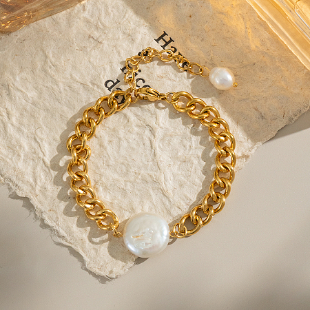 Elegant Flat Round Elegant Baroque Pearl Bead Link Bracelets SX2805-2-1