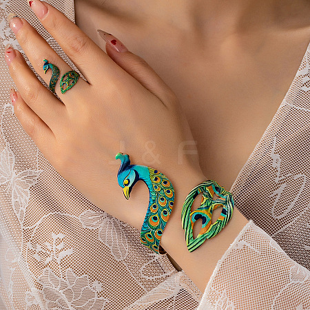 Iron Enamel Peacock Cuff Bangle & Ring Sets for Women WG60250-01-1