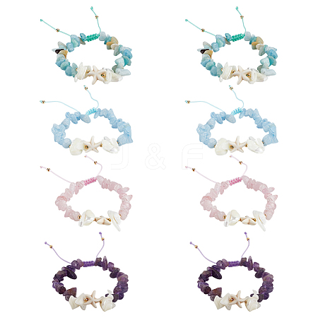 8Pcs 4 Styles Natural Gemstone Chip Braided Bead Bracelets BJEW-MA00001-1
