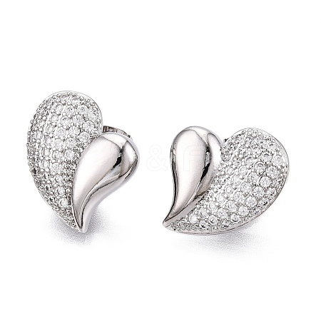 Left and Right Heart Brass Pave Clear Cubic Zirconia Stud Earrings EJEW-M258-040P-1