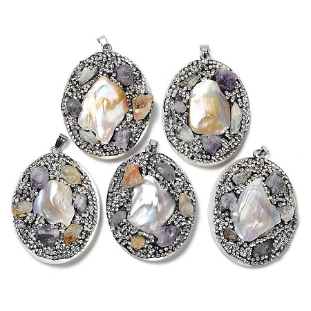 Baroque Natural Freshwater Shell Polymer Clay Rhinestone Big Pendants BSHE-P033-14A-1