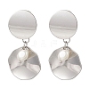 201 Stainless Steel Shell Pearl Flat Round Dangle Stud Earrings EJEW-JE06751-02-3